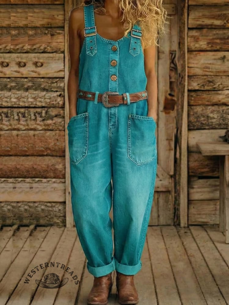 Vintage Western Art Buttons Denim Jumpsuit - Image 3