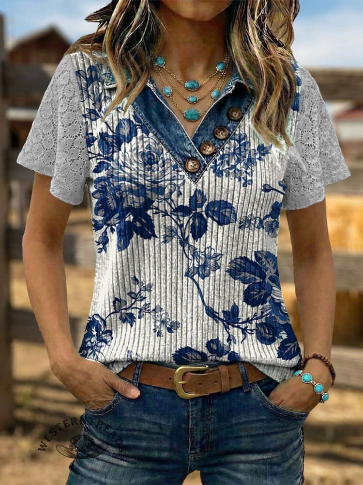 Vintage Western Art Denim Patchwork Hollow Lace Flowers Shirt