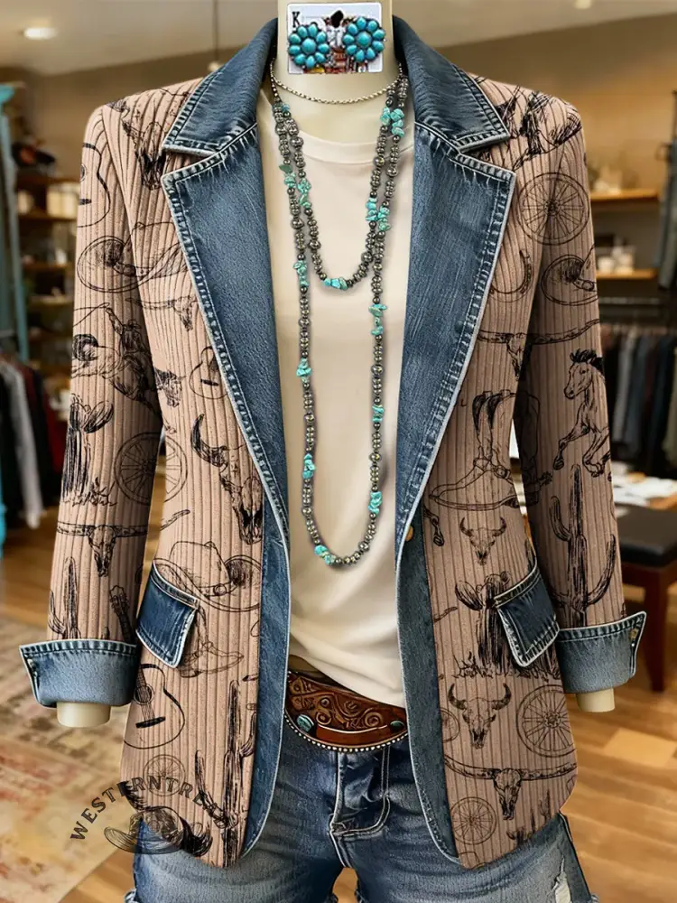 Vintage Western Art Print Patchwork Denim Sweater Cardigan Coat
