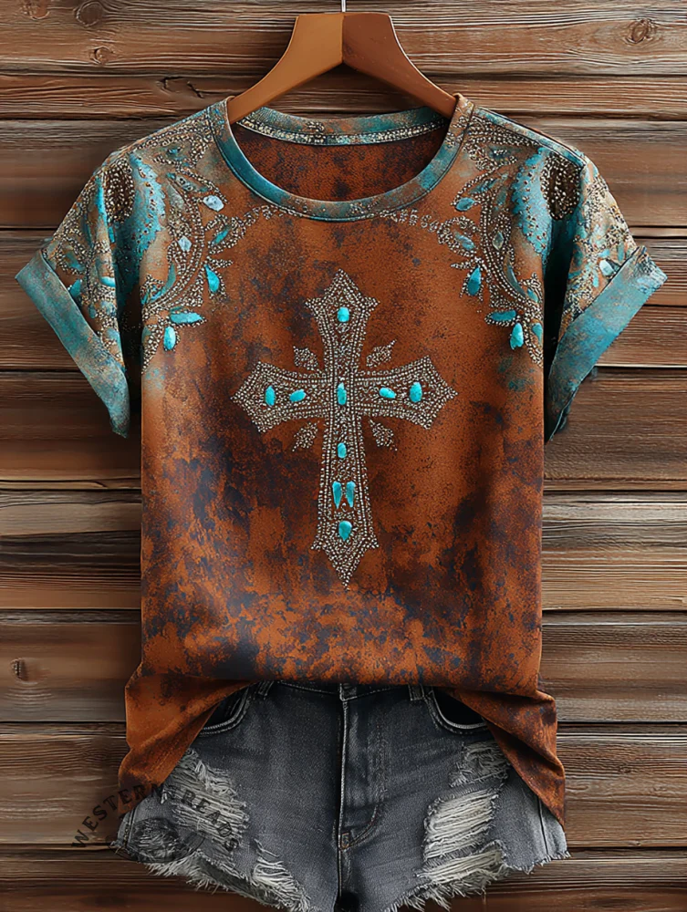 Vintage Western Cross Art Print Casual Short Sleeve T-shirt