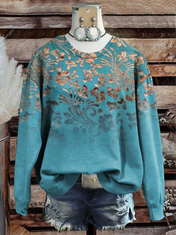 Vintage Western Floral Art Print Casual Cotton Sweatshirt