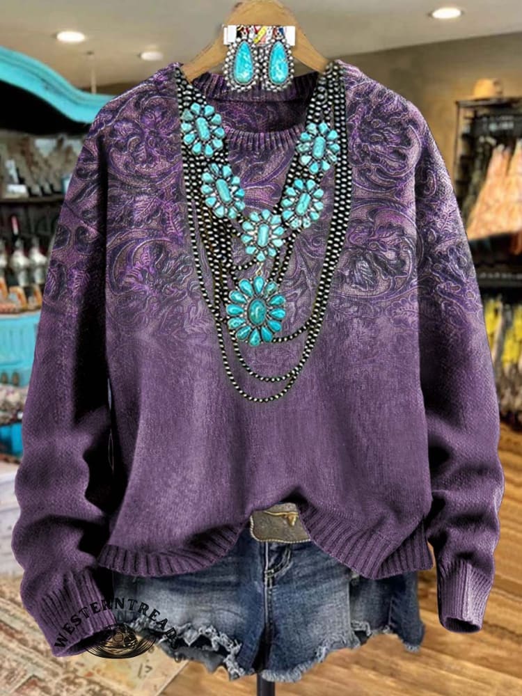 Vintage Western Floral Print Knit Pullover Sweater