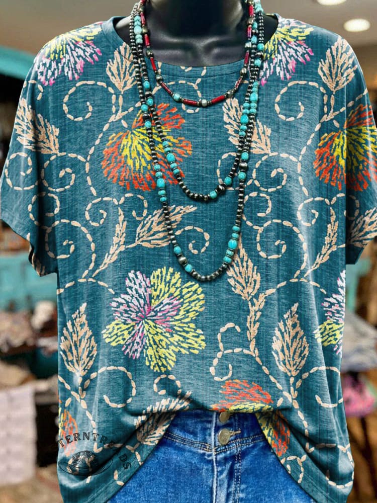 Vintage Western Flowers Aztec Art Print Soft Casual T-Shirt