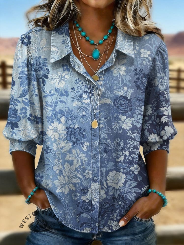 Vintage Western Print Casual Cotton Shirt
