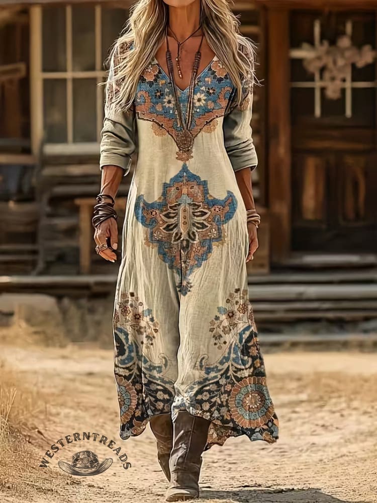 Vintage Western Style Printed Long Sleeved Dress