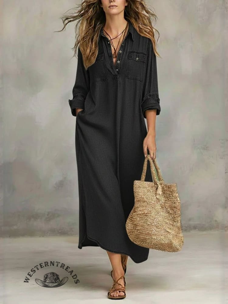 Wash Denim 100% Cotton Oversized Shirt Maxi Dress - Image 4