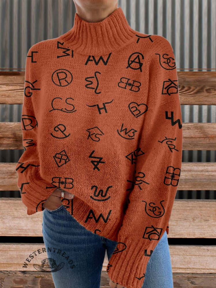 Western Cattle Brands Print Knit Turtleneck Pullover Sweater - Image 2