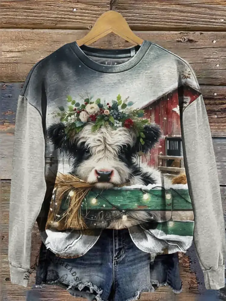 Western Christmas Cow Art Print Casual Sweatshirt