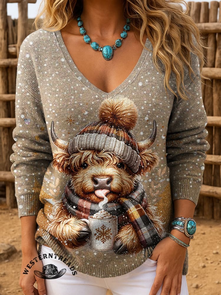 Winter Christmas Highland Cow Print Casual Sweatshirt - Image 4