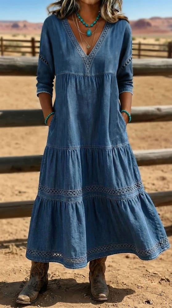 Women's 3/4 Sleeve V-Neck Casual Denim Dress