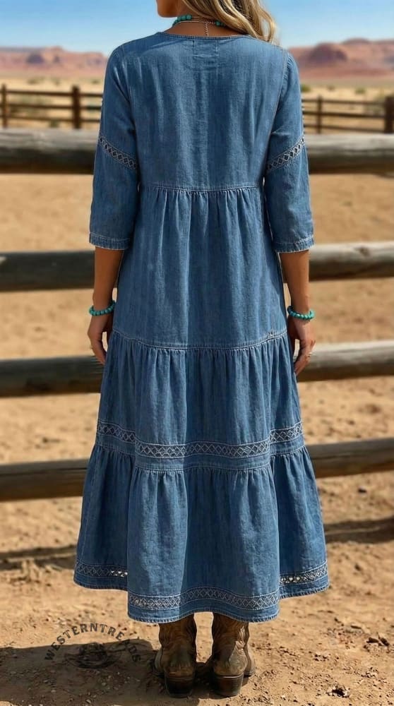 Women's 3/4 Sleeve V-Neck Casual Denim Dress - Image 2