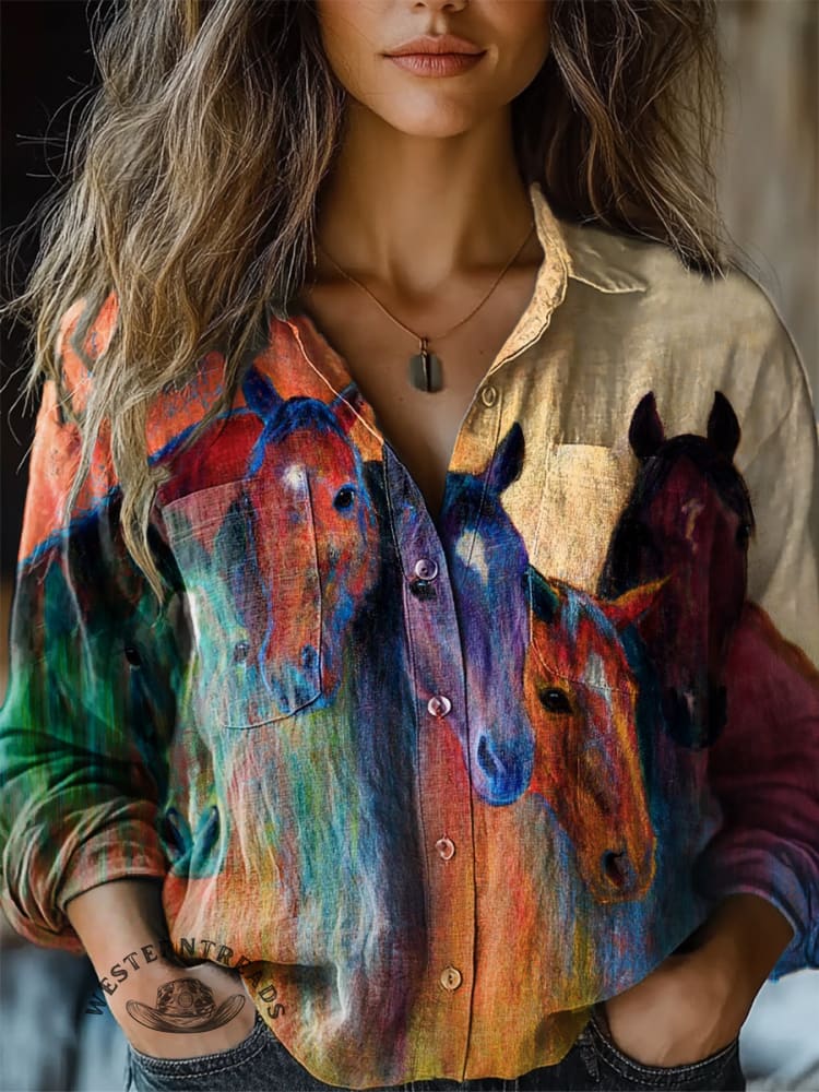 Women's Abstract Oil Painting Colorful Horse Print Casual Long Sleeve Comfortable Cotton Shirt