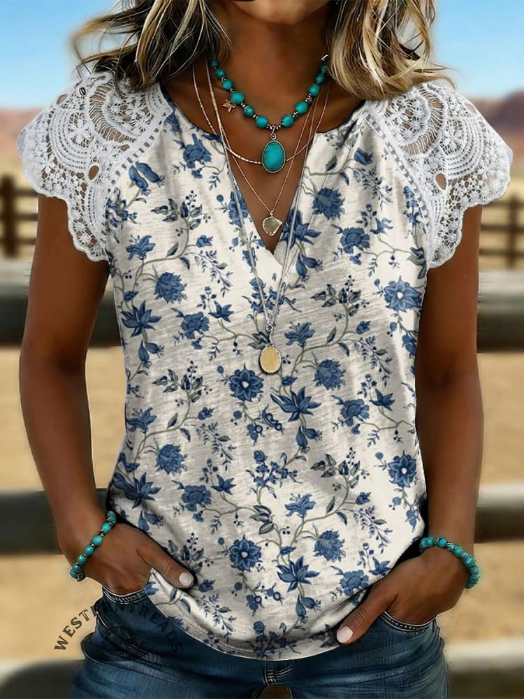Women's Art Print Casual Lace-trimmed Sleeve T-shirt