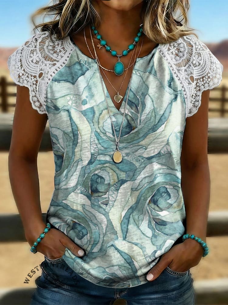 Women's Art Print Casual Lace-trimmed Sleeve T-shirt