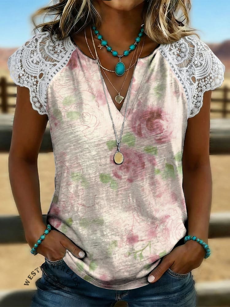 Women's Art Print Casual Lace-trimmed Sleeve T-shirt