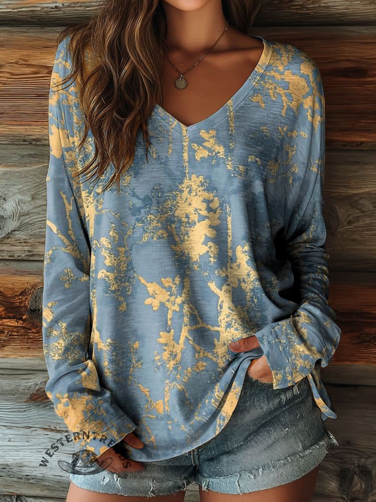 Women's Art Print Casual V-neck Long Sleeve T-shirt