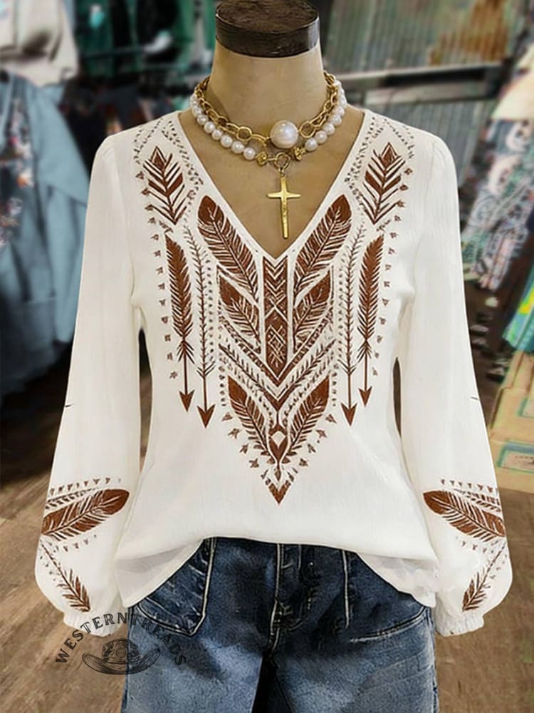 Women's Aztec Print Casual Cotton And Linen Shirt - Image 2