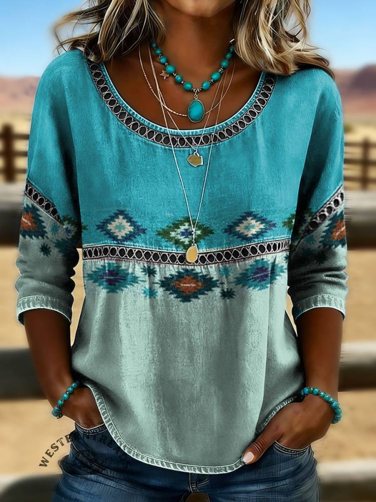Women's Aztec Print Casual Hollow Denim Shirt