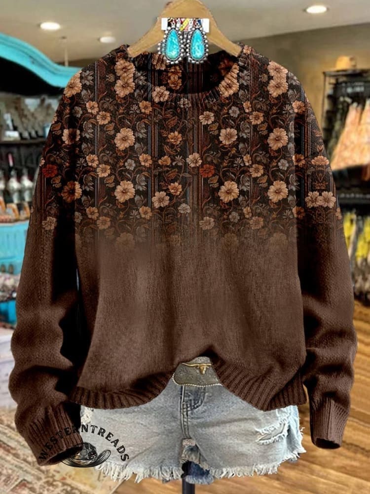 🔥Hot Sale🔥Women's Brown Flower Print Casual Sweatshirt - Image 14