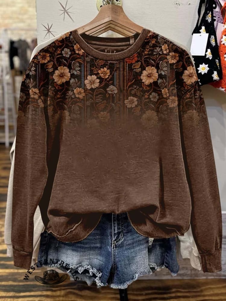 🔥Hot Sale🔥Women's Brown Flower Print Casual Sweatshirt - Image 2