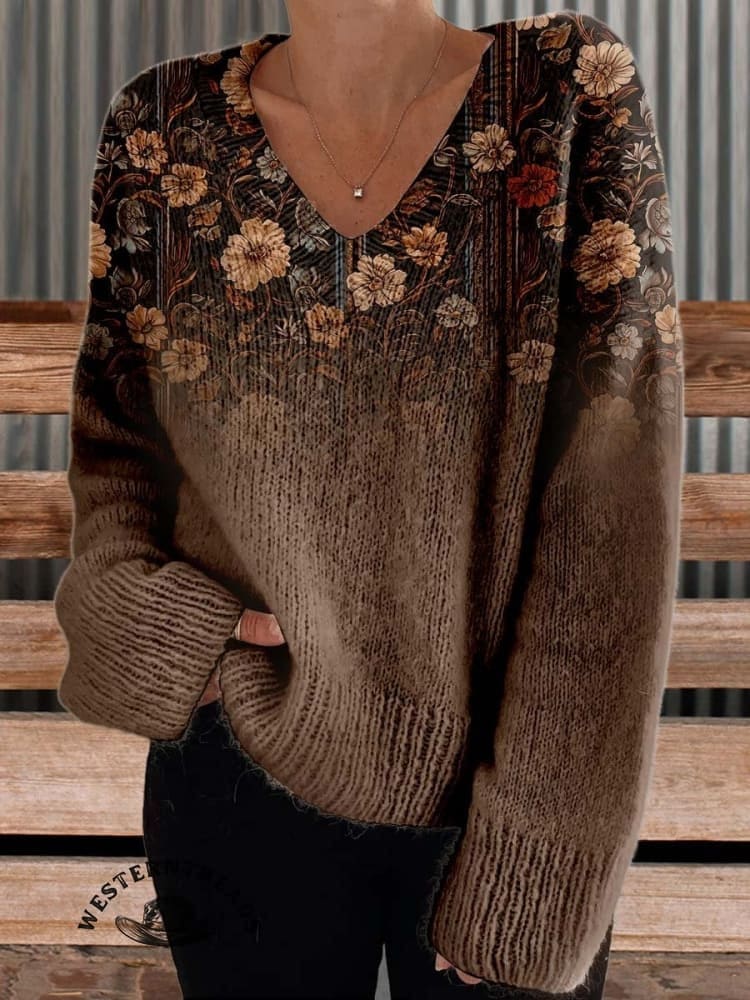 🔥Hot Sale🔥Women's Brown Flower Print Casual Sweatshirt - Image 9