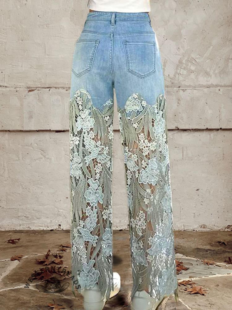 Women's Buttoned Lace Patchwork Jeans Pants - Image 2