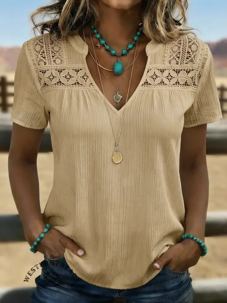 Women's Casual Ethnic Lace-trimmed Sleeve T-shirt