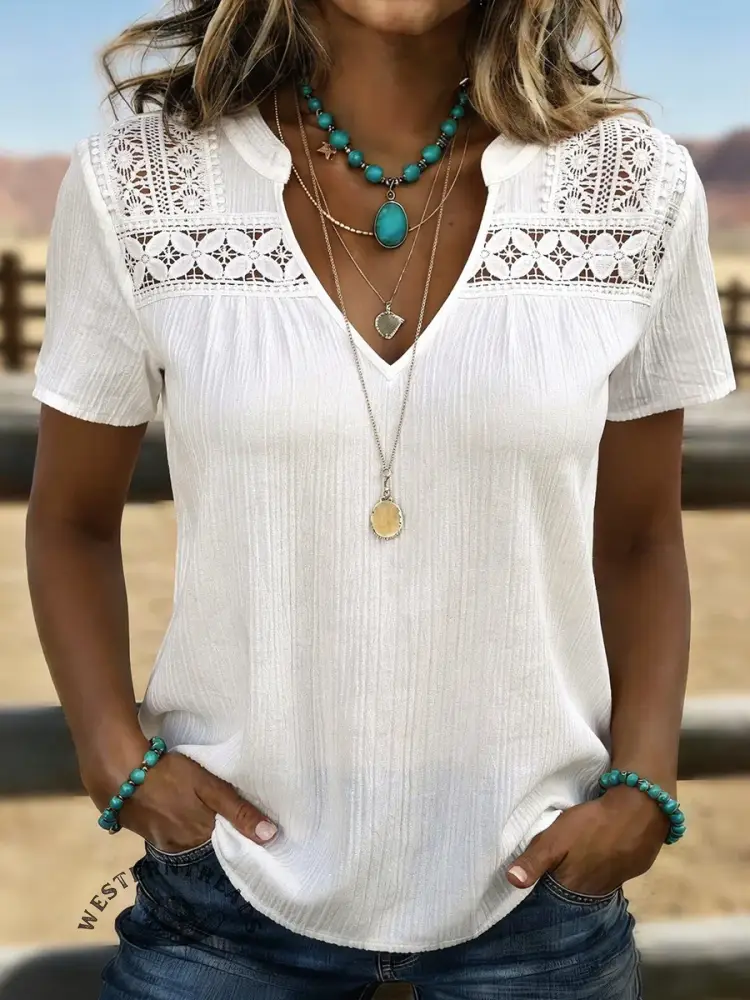 Women's Casual Ethnic Lace-trimmed Sleeve T-shirt - Image 2