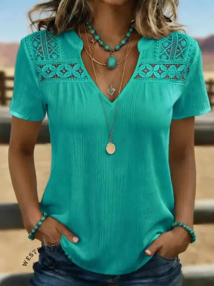 Women's Casual Ethnic Lace-trimmed Sleeve T-shirt - Image 3