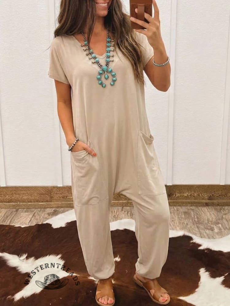 Women's Casual Jumpsuits V Neck Half Sleeve Long Rompers - Image 3
