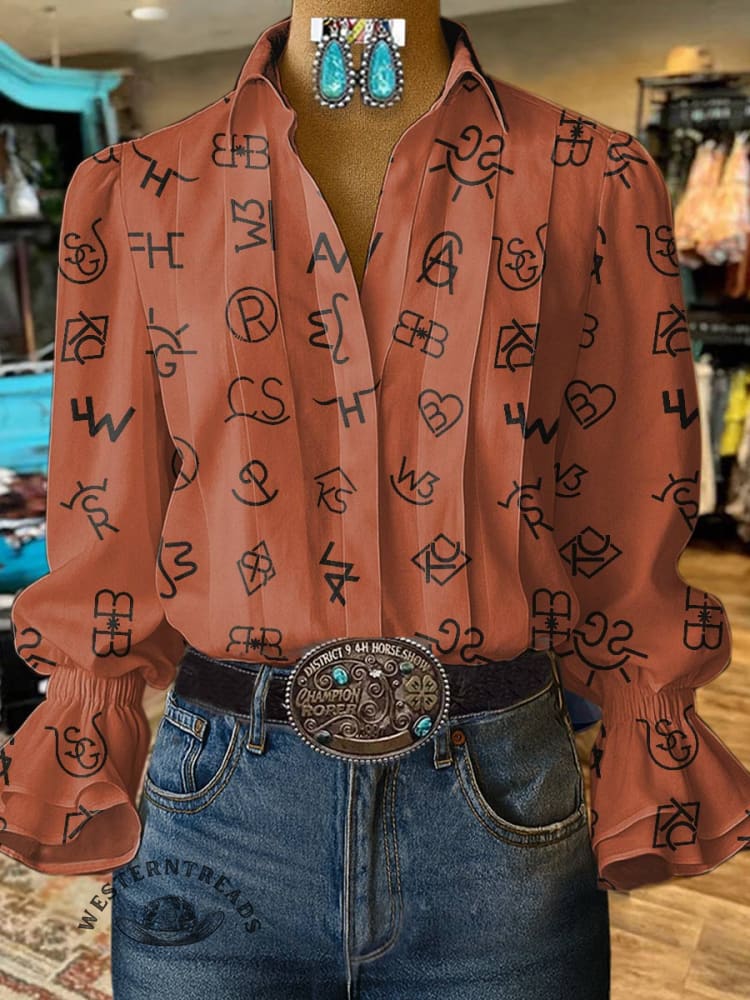 Women's Cattle Brands Print Casual Cotton And Linen Shirt - Image 3