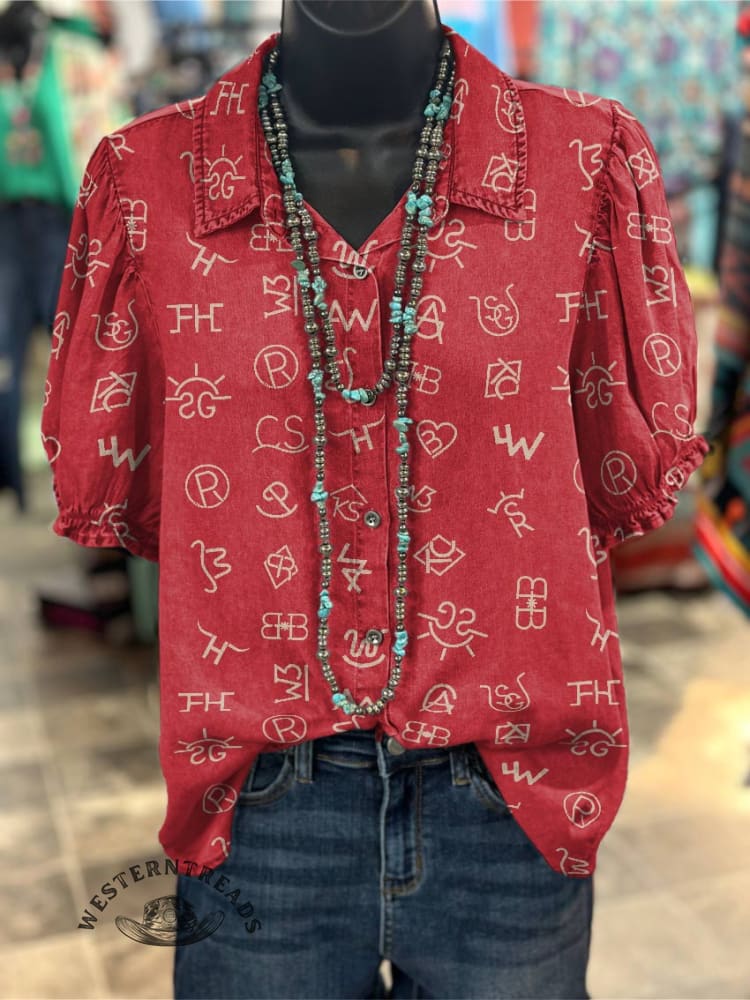 Women's Cattle Brands Print Casual Cotton Shirt - Image 4