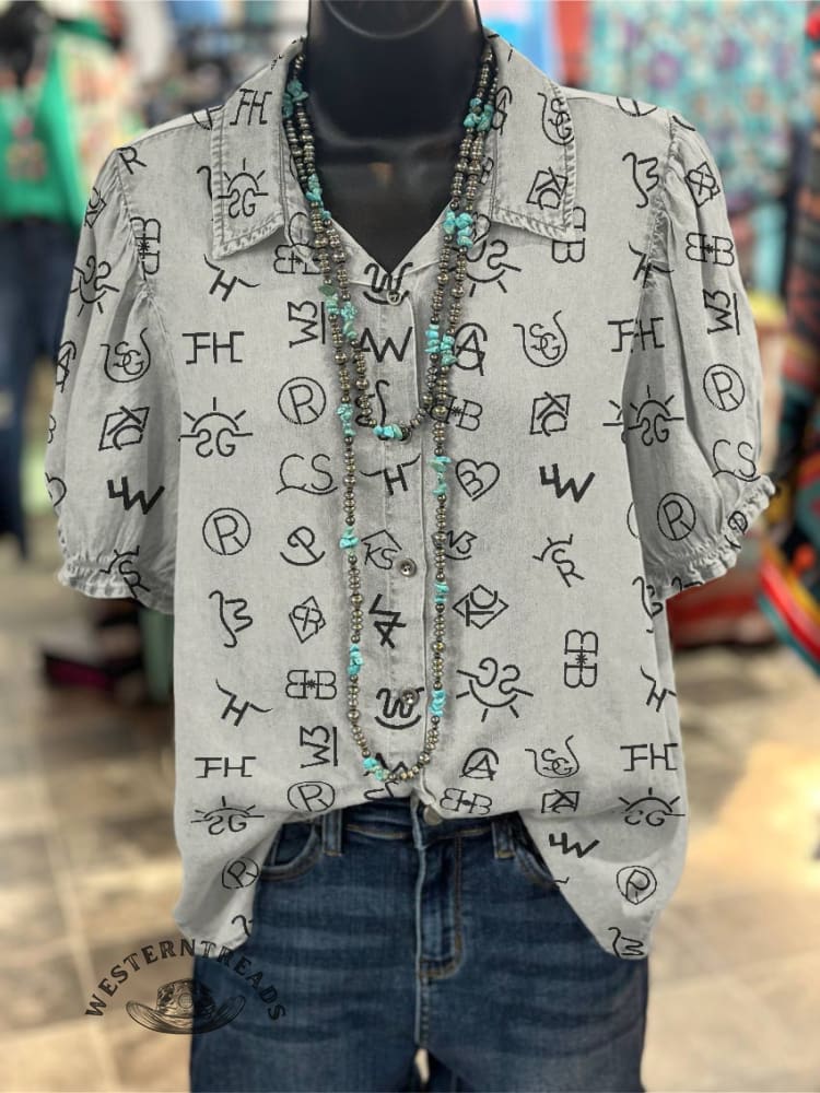 Women's Cattle Brands Print Casual Cotton Shirt - Image 6