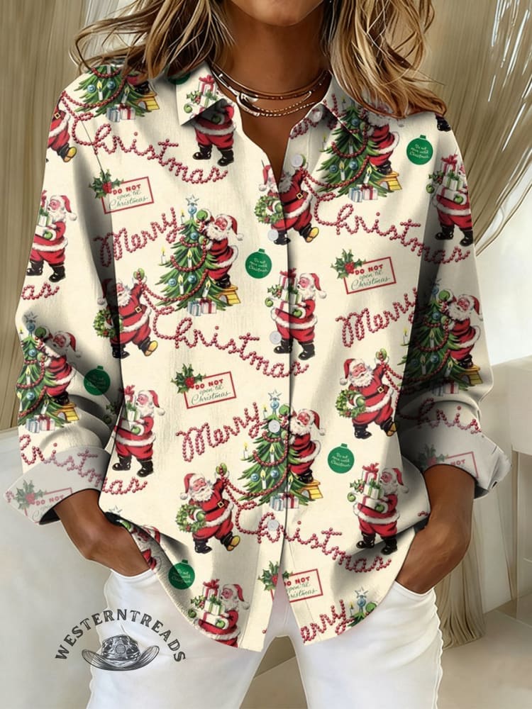 Women's Christmas Tree and Santa Claus Print Casual Cotton Shirt