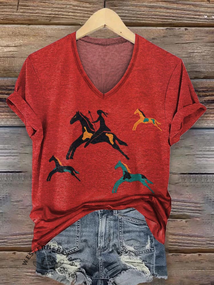 Women's Classic Horse Art Print V-neck Casual T-Shirt