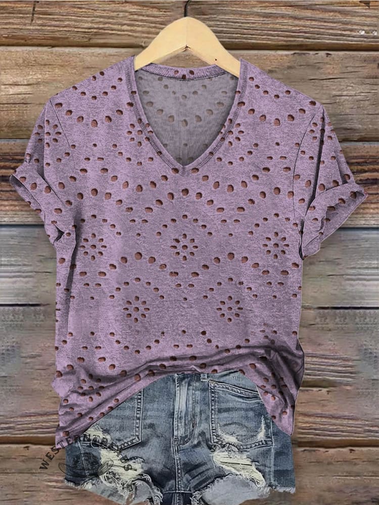 Women's Classic Pastoral Print V-neck Casual T-Shirt - Image 2