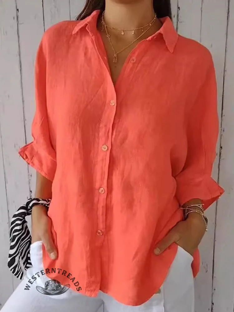 Women's Solid Color Cotton & Linen Casual Tie-back Shirt - Image 3