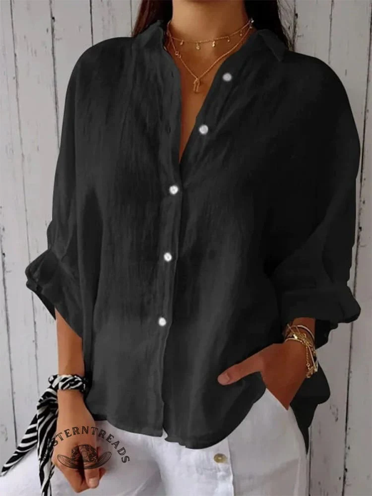 Women's Solid Color Cotton & Linen Casual Tie-back Shirt - Image 6