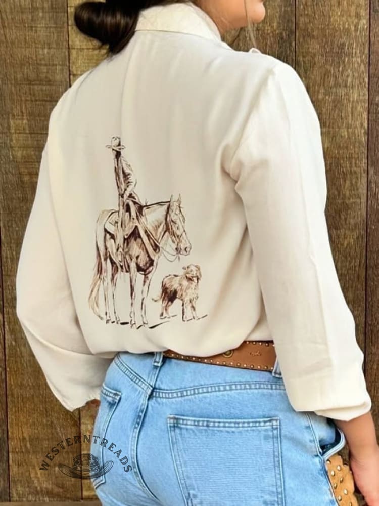 Women's Cowboy Print Casual Ruffle Shirt - Image 2