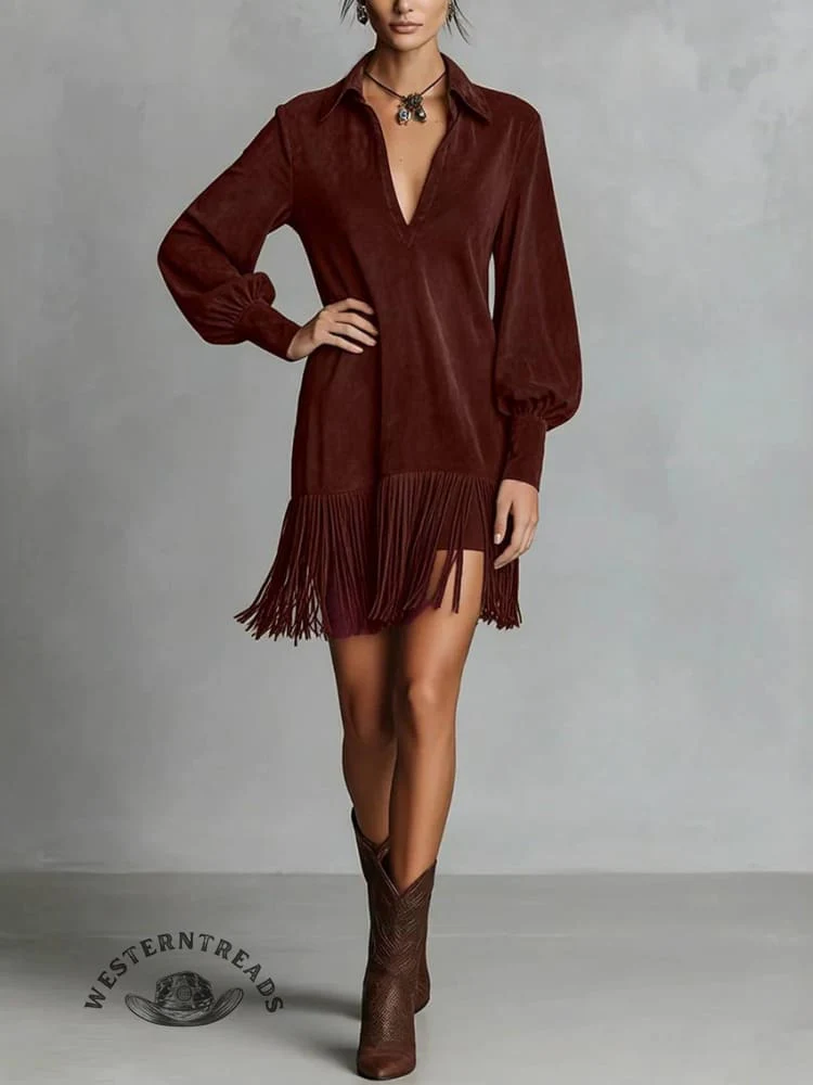Womens Faux Suede Western Vintage Mini Dress - Image 5