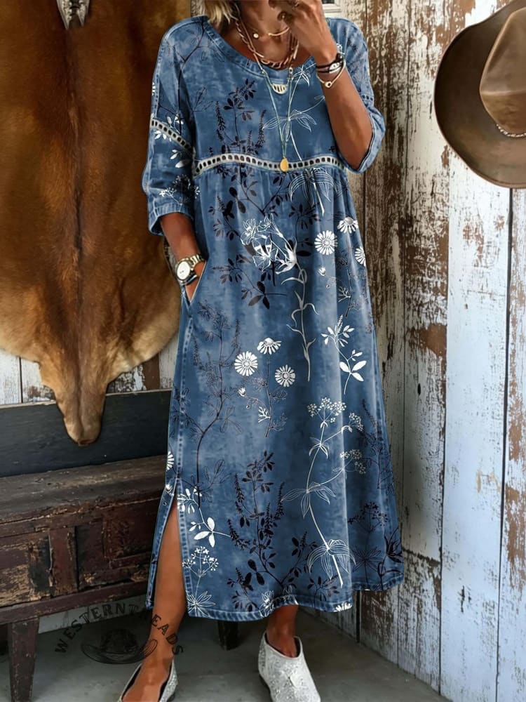 Women's Floral Art Print Round Neck Hollow Denim Dress