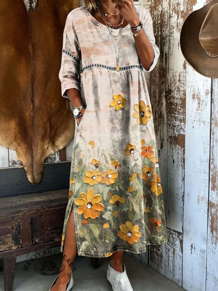 Women's Floral Art Print Round Neck Hollow Denim Dress