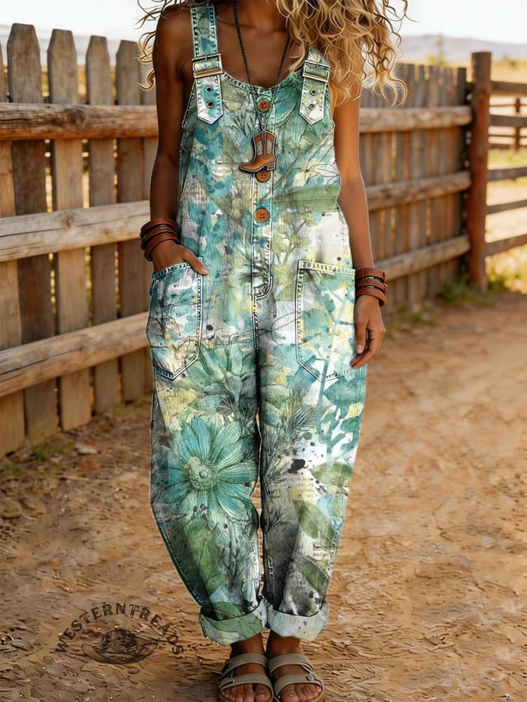 Women's Floral Print Casual Denim Jumpsuit With Adjustable Buckle