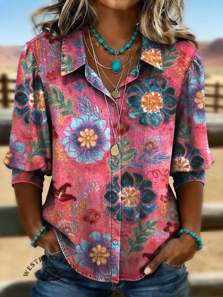 Women's Floral Print Casual Puff Sleeve Denim Shirt