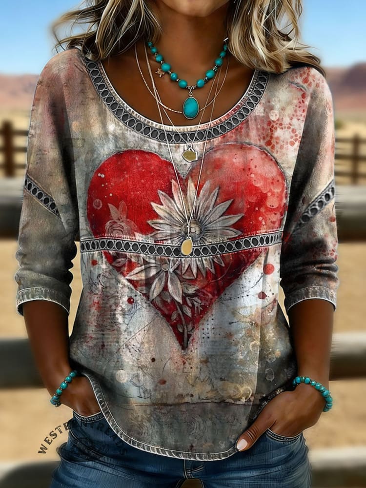 Women's Heart Vintage Print Casual 3/4 Sleeves Hollow Denim Shirt