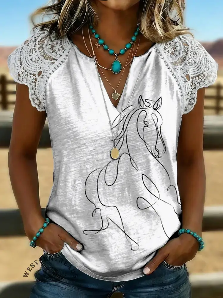 Women's Horse Art Print Casual Lace-trimmed Sleeve T-shirt