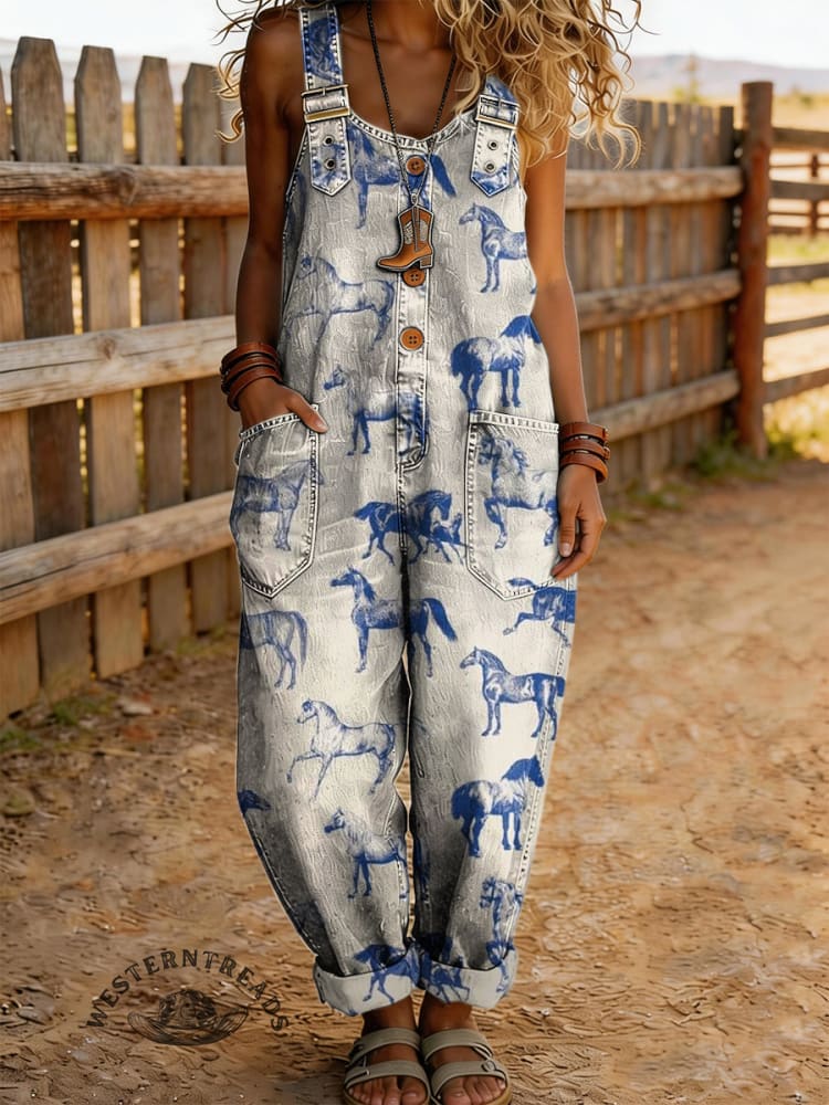 Women's Horse Print Casual Denim Jumpsuit With Adjustable Buckle
