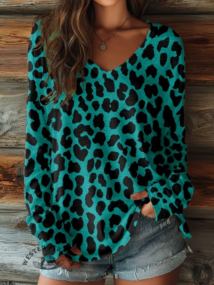 100% Cotton🍃Women's Leopard Print Casual V-neck Long Sleeve T-shirt