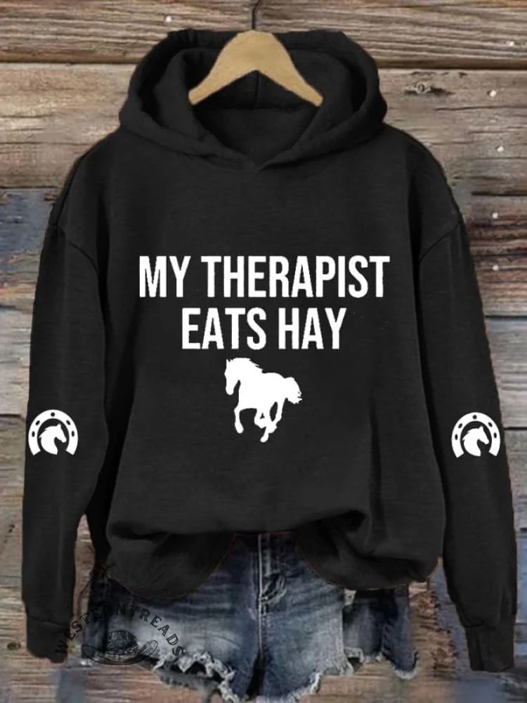 Women's My Therapist Eats Hay Horse Lover Printed Hooded Sweatshirt - Image 4