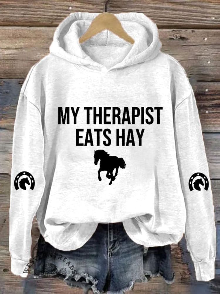 Women's My Therapist Eats Hay Horse Lover Printed Hooded Sweatshirt - Image 5